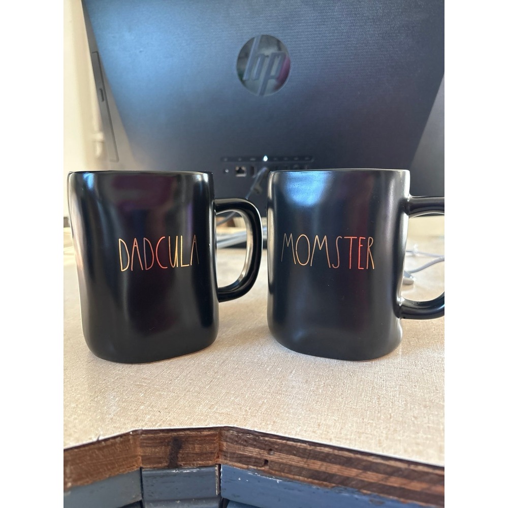 Rae Dunn Halloween Mug Set Dadcula and Momster Matte Black Orange Lettering